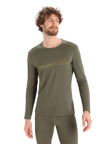 Icebreaker Merino 200 Oasis Long Sleeve Crewe Ski Stripes Férfi Base Layers Olivazöld | HU 1367QMAZ